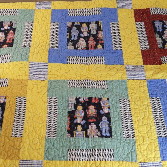 Vintage Antique Hand Made Robot Quilt Blanket 5x6 - Picture 3 of 13